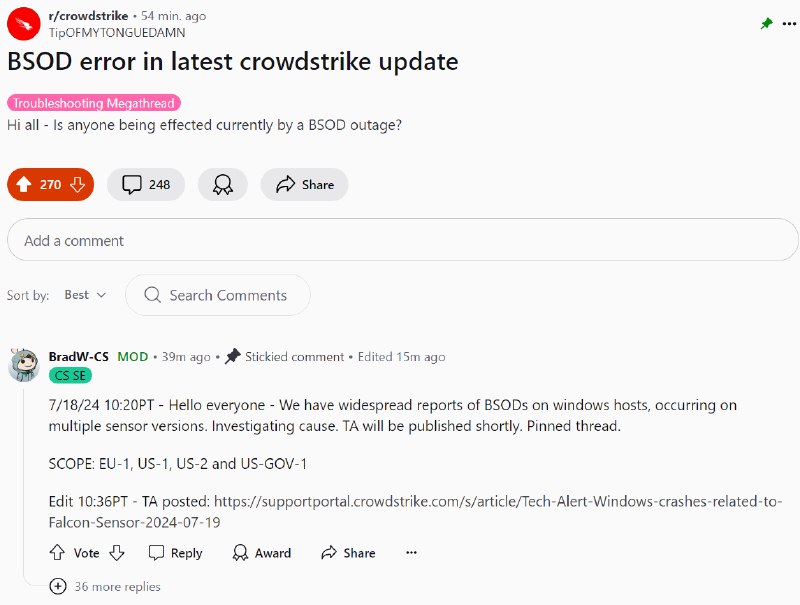 V2EX-最热主题CrowdStrike 导致 Windows 蓝屏，进而导致微软多个服务异常#v2exTumblr:有人在 Reddit 上也发了帖子， CrowdStrike 在自己的 support portal 上发了公告，不过目前还没有快速解决的方法