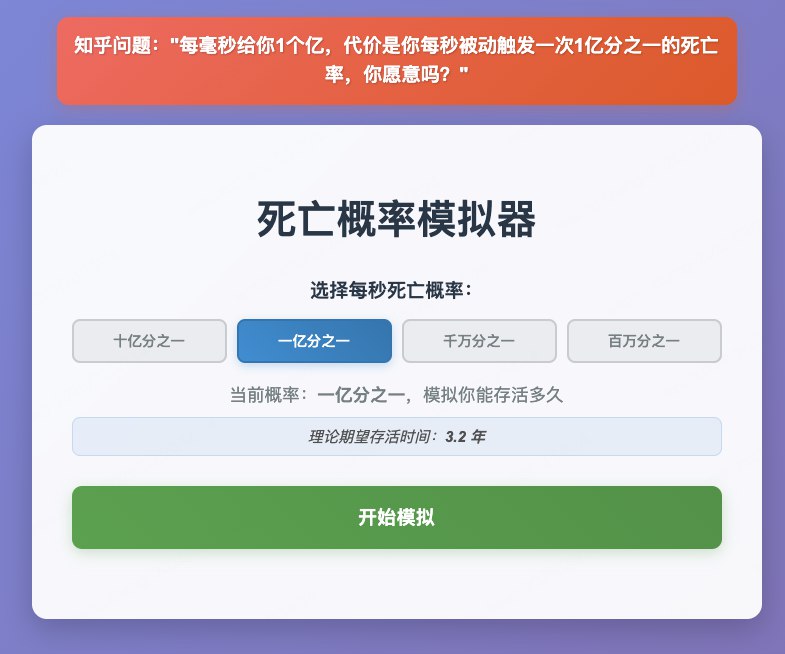 V2EX-最热主题每毫秒给你 1 个亿，代价是你每秒被动触发一次 1 亿分之一的死亡率，你愿意吗？bigbigeggs: 今天在知乎看到一个很有意思的话题，如上看到高赞的代码模拟，作为程序员怎么不首当其冲呢，优化了下高赞的代码，具体效果如下挺有意思的，源代码如下： 